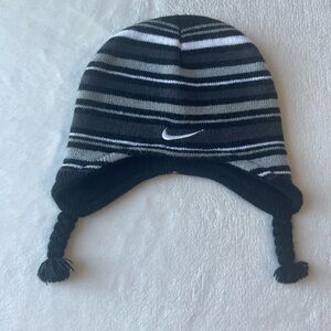 Nike Black, Gray & White Striped Earflap Beanie